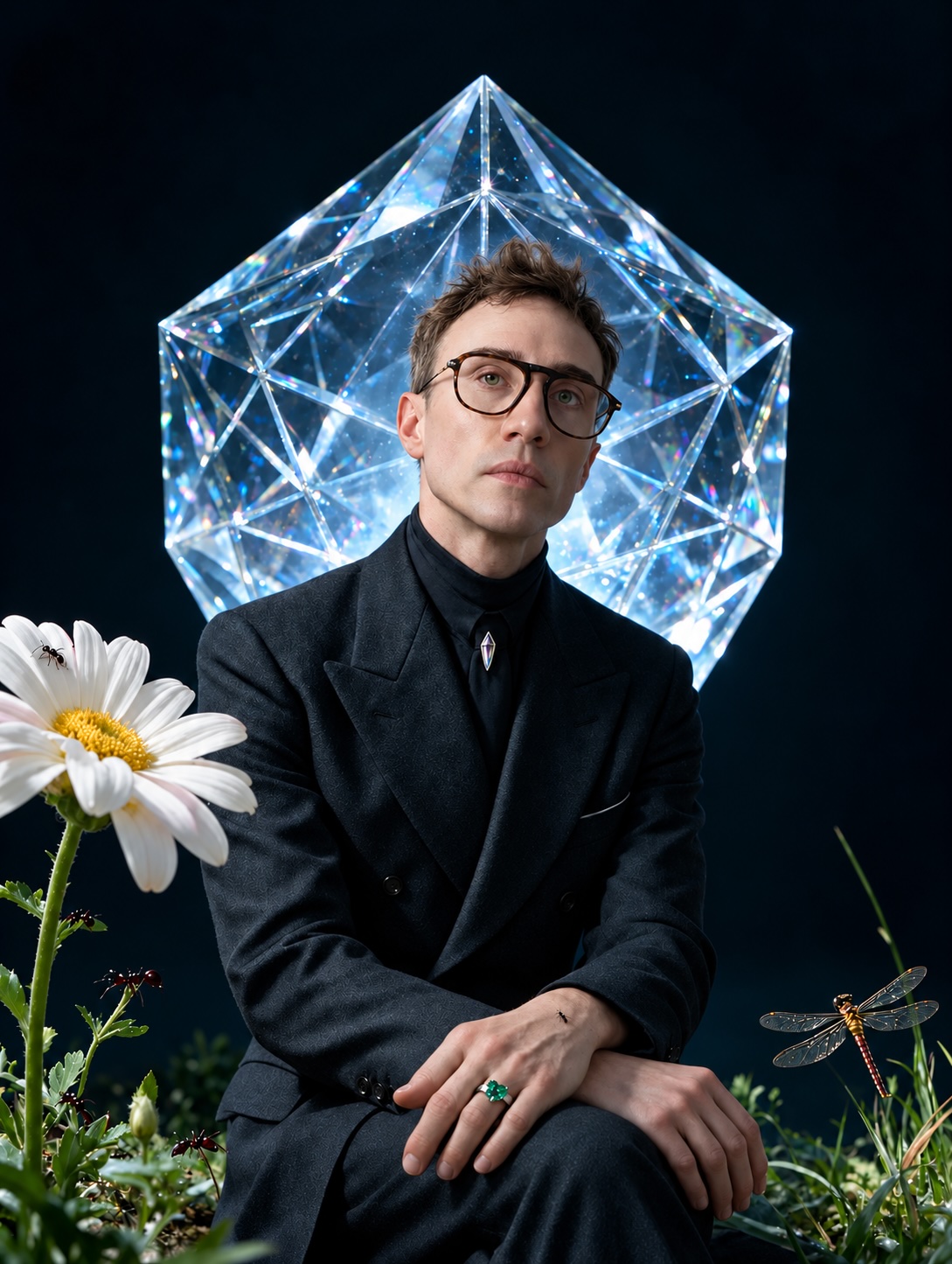 Crystalline Center — Gabriel Wyatt seated before a luminous crystal form with a daisy and dragonfly.