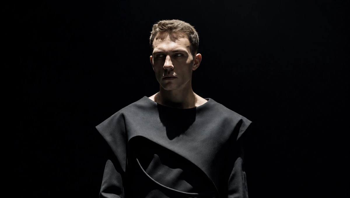 Observer II — Gabriel Wyatt in a black sculptural look, gazing toward center.