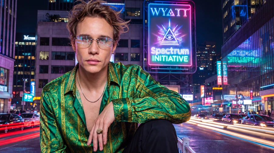 Green silk in neon city light — Gabriel Wyatt.