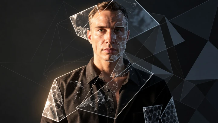 Half-lit face with glass facets — Gabriel Wyatt.