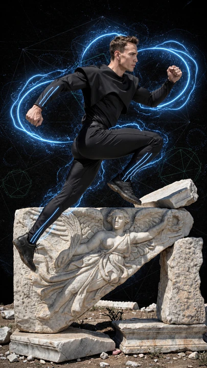 Electric leap over carved stone — Gabriel Wyatt.