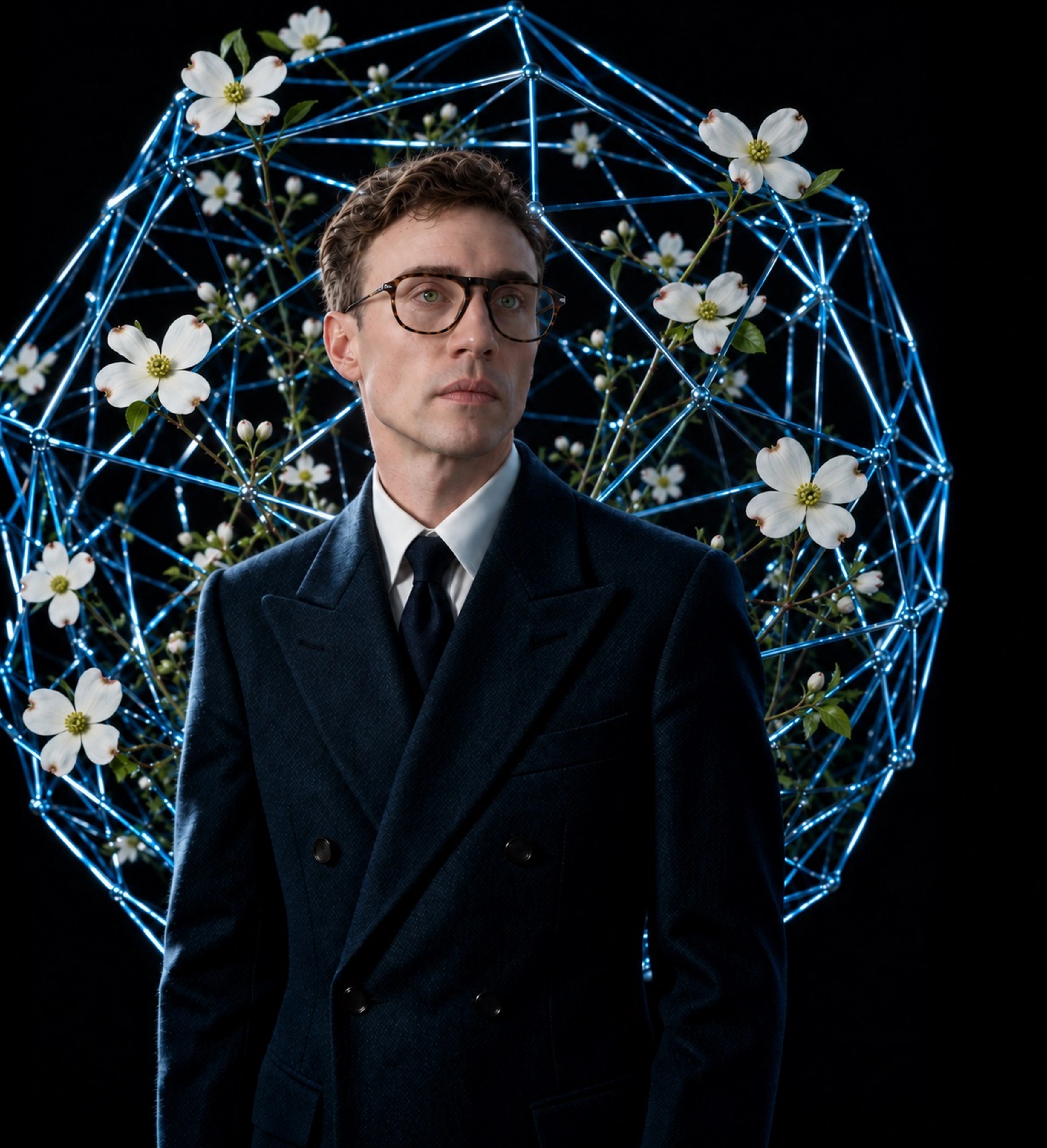 Gabriel Wyatt before a blue geometric floral structure.