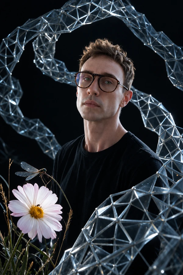 Gabriel Wyatt framed by a crystalline helix, with a flower and dragonfly.