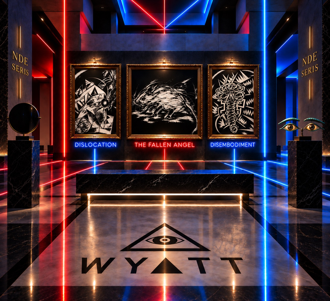 NDE Series gallery presentation: Dislocation, The Fallen Angel and Disembodiment in gold frames, surrounded by black marble and red and blue light.